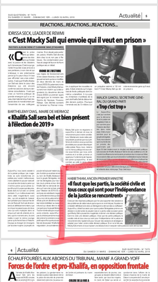 Sud Quotidien "ressuscite" Habib Thiam et le fait réagir au verdict du procès de Khalifa Sall