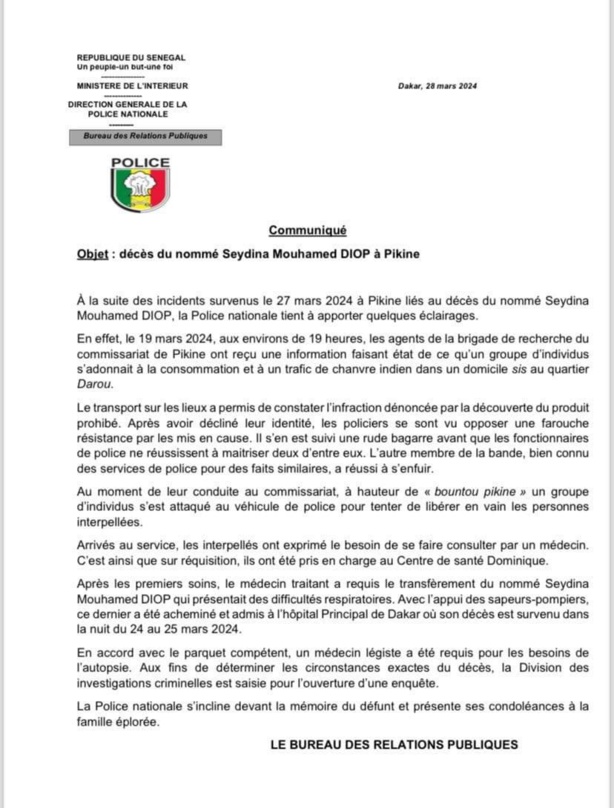 PIKINE : Accusée d’avoir battu à mort Seydina Mouhamed Diop, la Police se dédouane