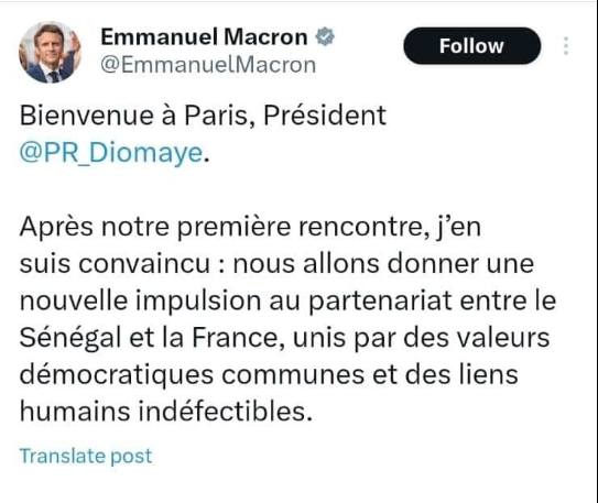 Macron à Diomaye : "nous allons donner une nouvelle impulsion au partenariat entre le Sénégal et la France"