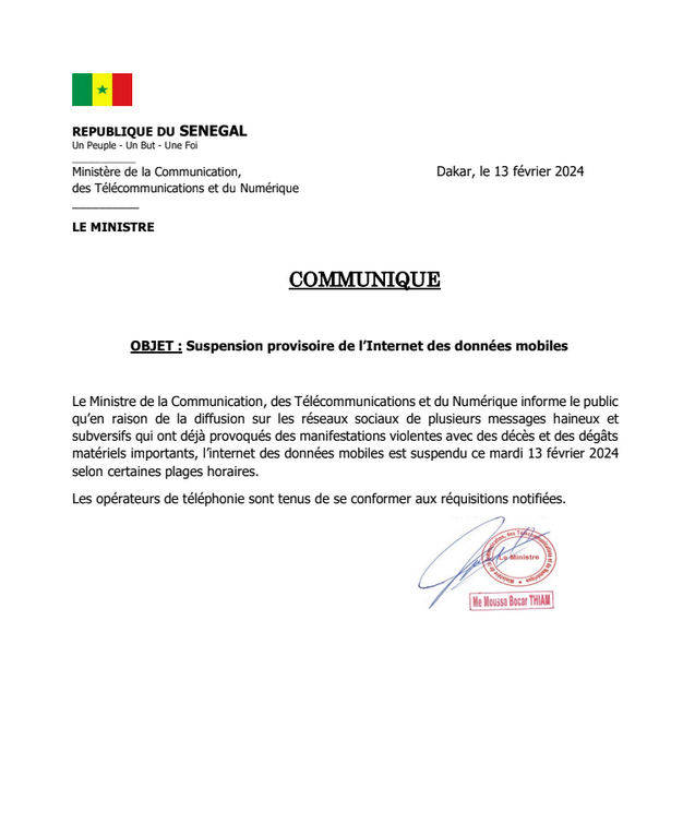 SENEGAL : Les données mobiles encore suspendues (DOCUMENT)