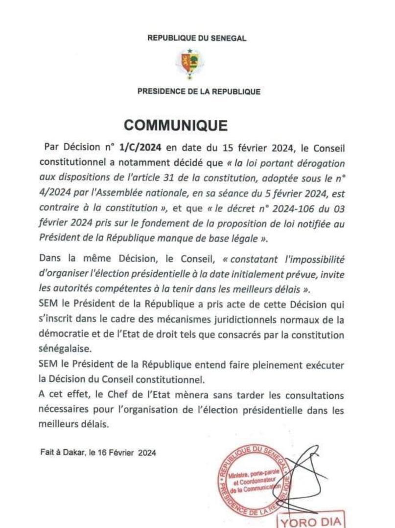 Election : Macky Sall se plie à la décision du Conseil Constitutionnel