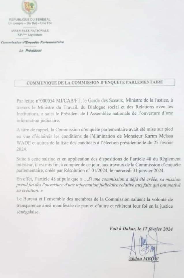 Soupçon de corruption contre des juges du CC : Abdou Mbow annonce la fin de la commission parlementaire (DOCUMENT)