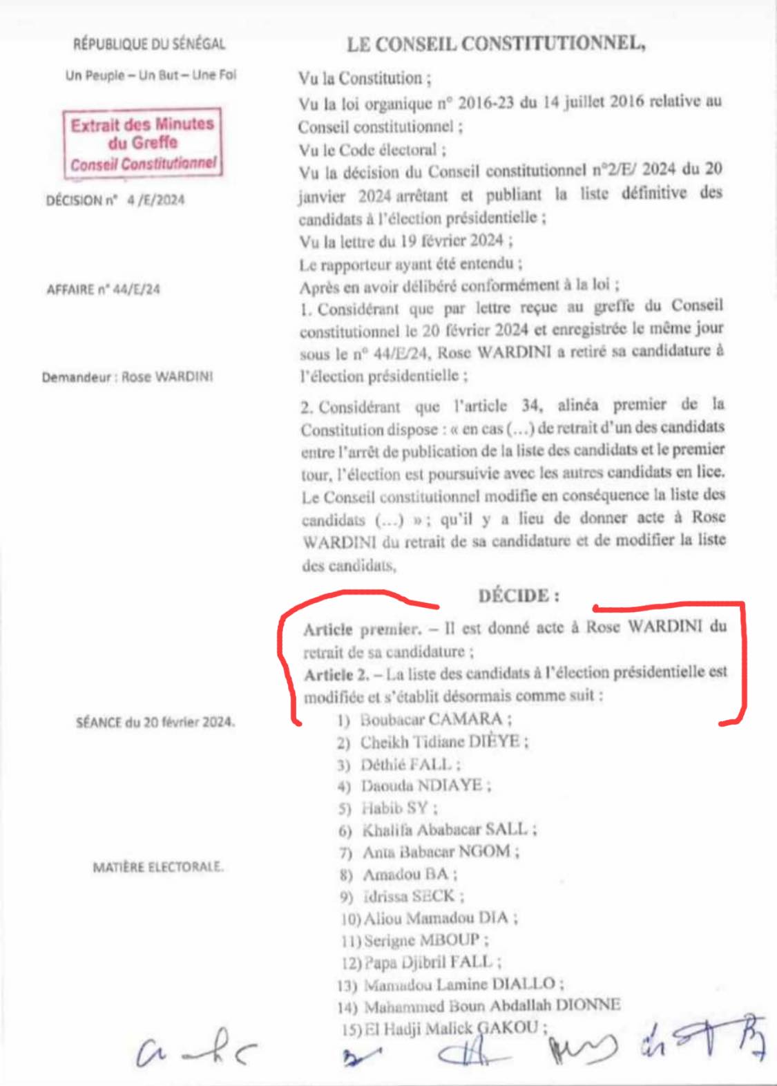 Le conseil constitutionnel valide le retrait de la candidature de Rose Wardini (DOCUMENT)