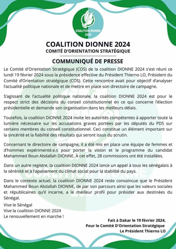 Présidentielle 2024 : La Coalition Dionne 2024 exige la tenue de l’élection