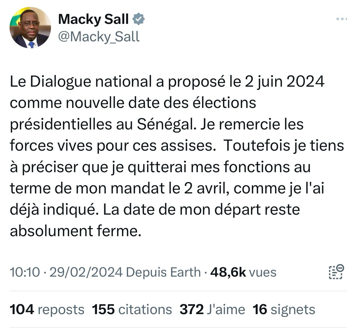 Macky Sall : «Mon départ le 2 avril reste absolument ferme»