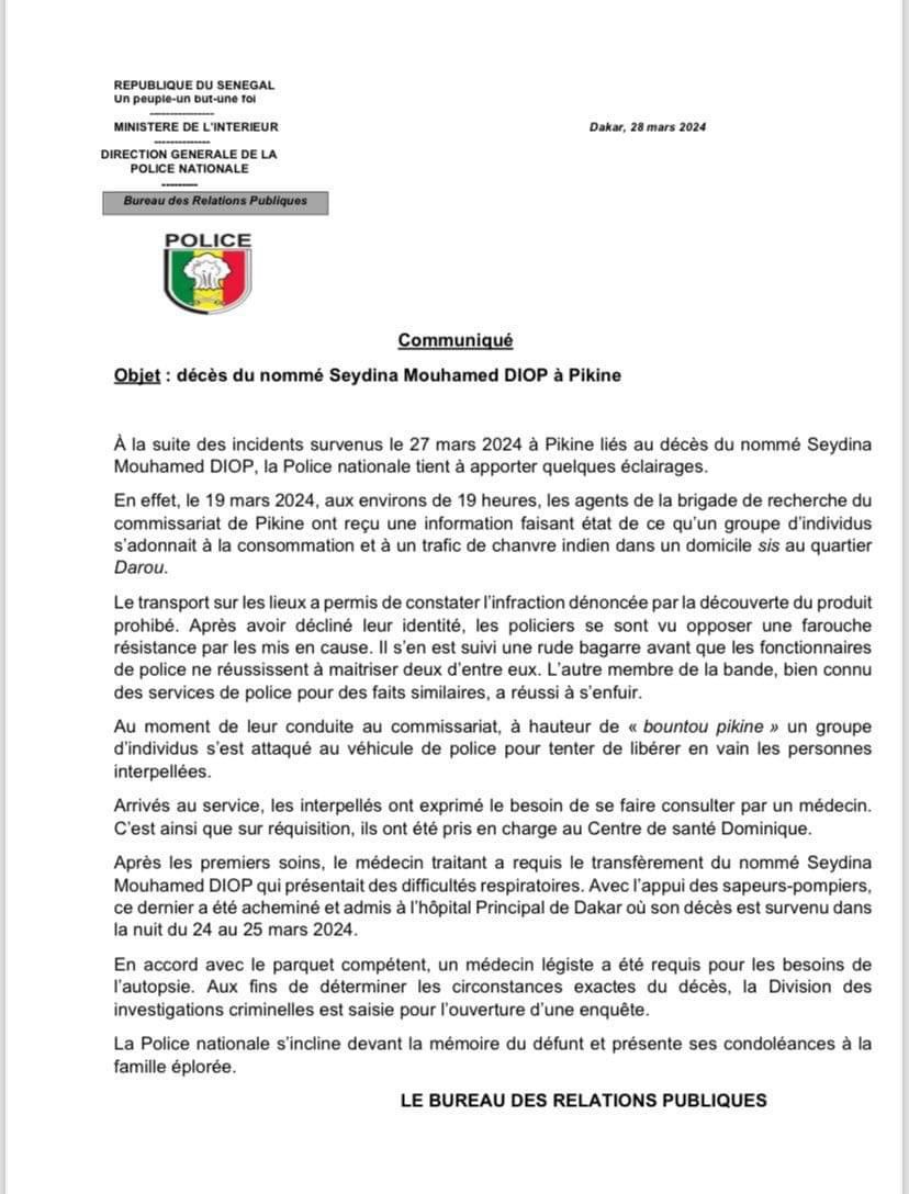 PIKINE : Accusée d’avoir battu à mort Seydina Mouhamed Diop, la Police se dédouane