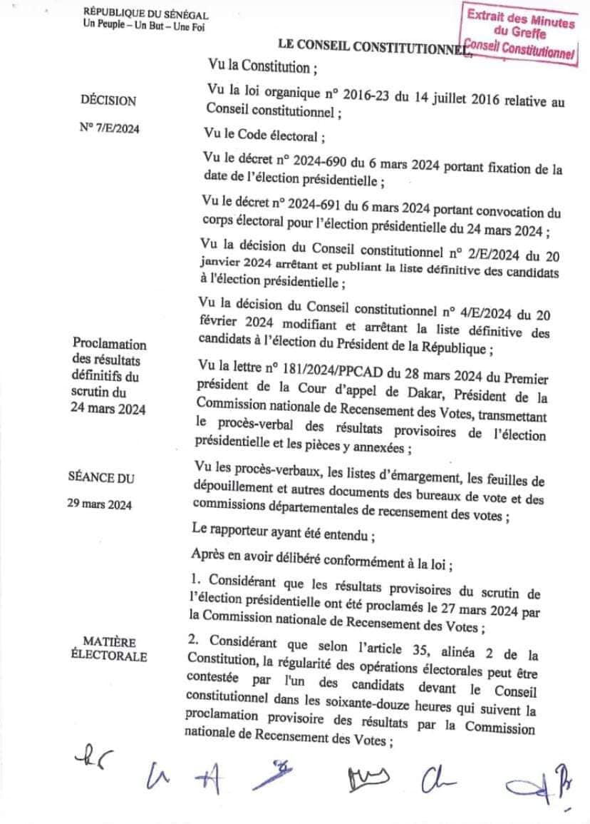 Le Conseil constitutionnel officialise BDF Président de la République du Sénégal