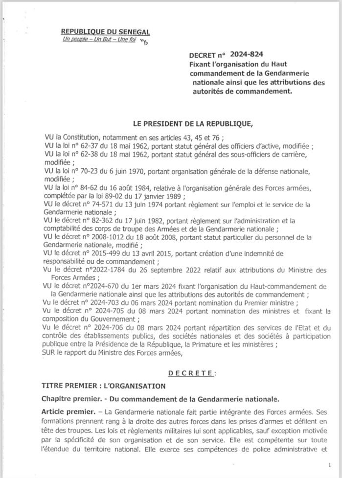 Macky Sall signe un décret mettant la Gendarmerie comme partie intégrante de l’armée